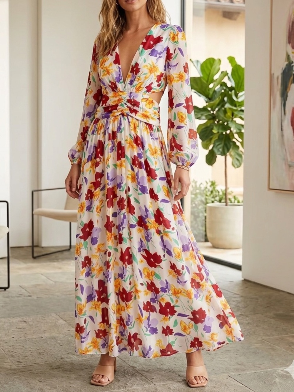 Eme Vibrant Crimson Purple Floral V-Neck Ruched Waist Maxi Dress❤️
